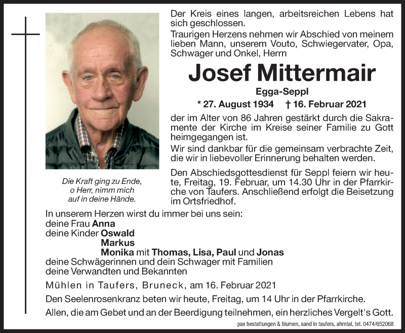  Traueranzeige für Josef Mittermair vom 19.02.2021 aus Dolomiten