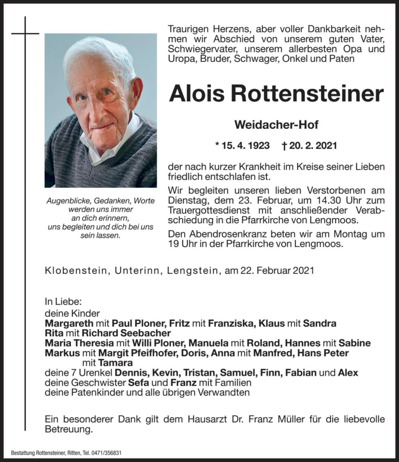  Traueranzeige für Alois Rottensteiner vom 22.02.2021 aus Dolomiten