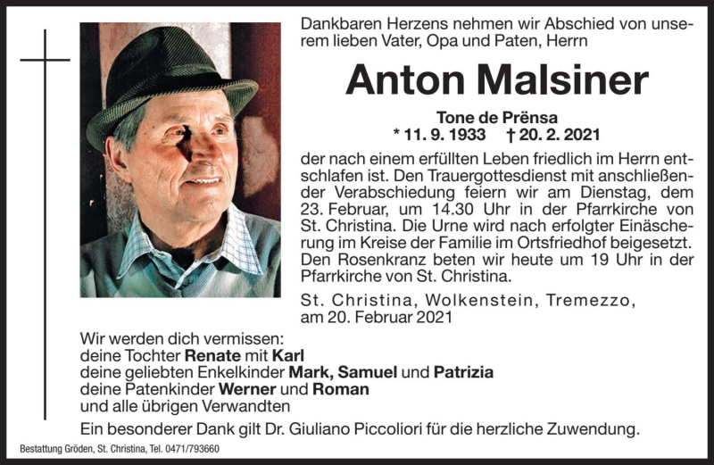  Traueranzeige für Anton Malsiner vom 22.02.2021 aus Dolomiten