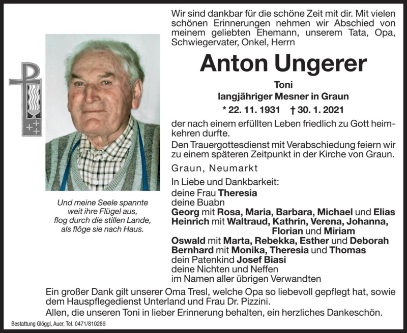  Traueranzeige für Anton Ungerer vom 03.02.2021 aus Dolomiten