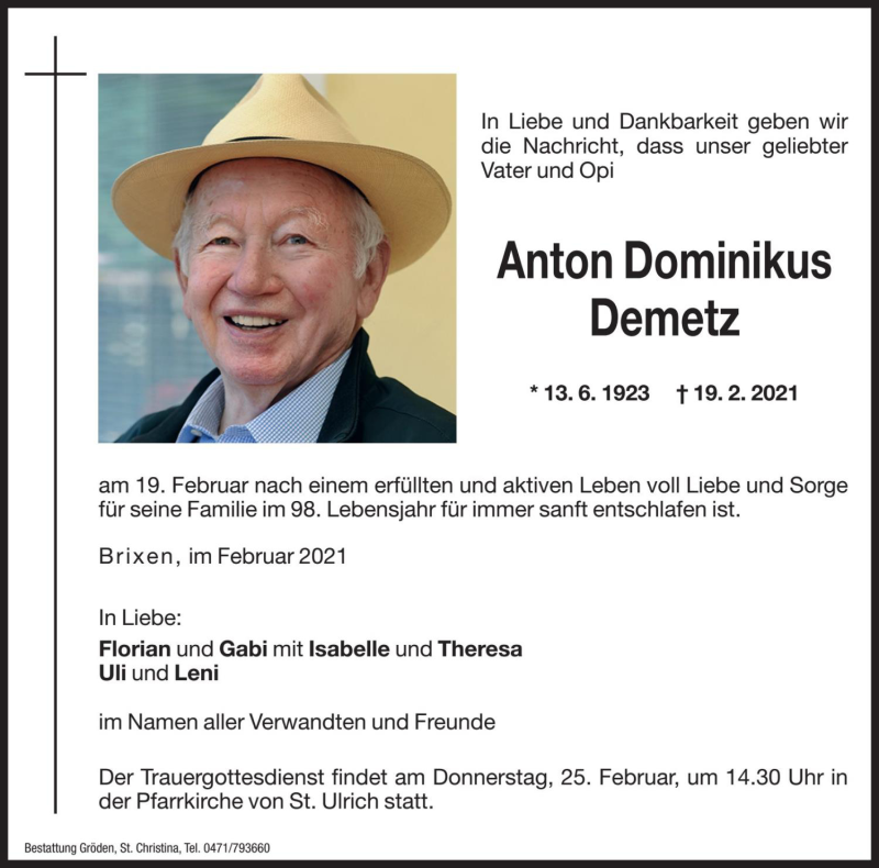  Traueranzeige für Anton Dominikus Demetz vom 23.02.2021 aus Dolomiten