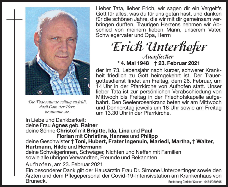  Traueranzeige für Erich Unterhofer vom 24.02.2021 aus Dolomiten