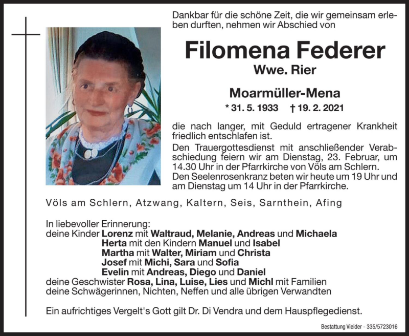  Traueranzeige für Filomena Rier vom 22.02.2021 aus Dolomiten