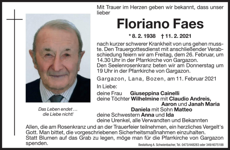  Traueranzeige für Floriano Faes vom 23.02.2021 aus Dolomiten