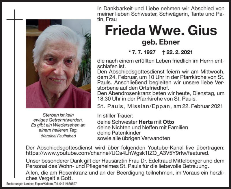  Traueranzeige für Frieda Gius vom 23.02.2021 aus Dolomiten