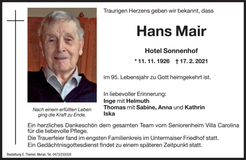  Traueranzeige für Hans Mair vom 22.02.2021 aus Dolomiten