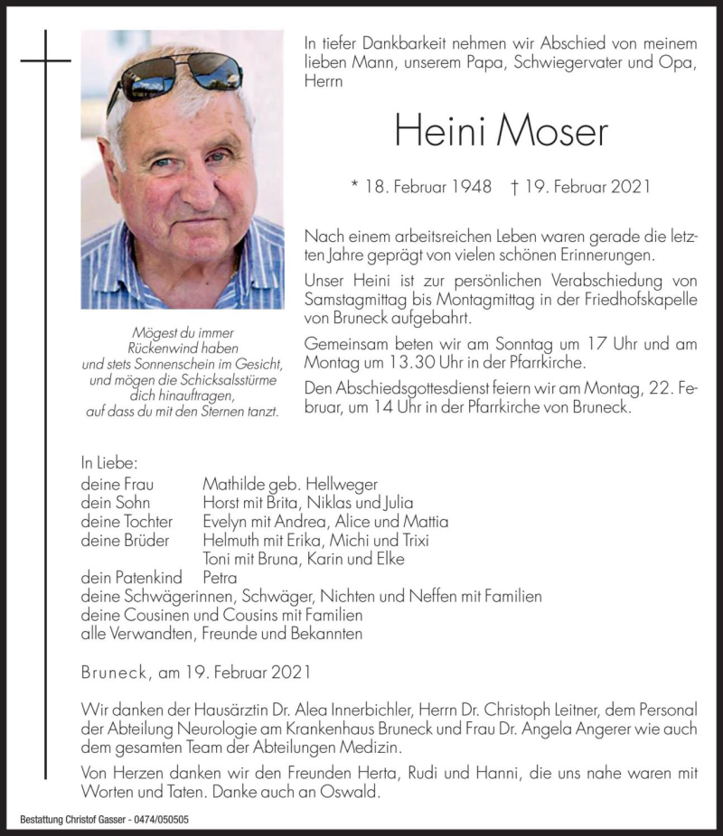  Traueranzeige für Heini Moser vom 20.02.2021 aus Dolomiten