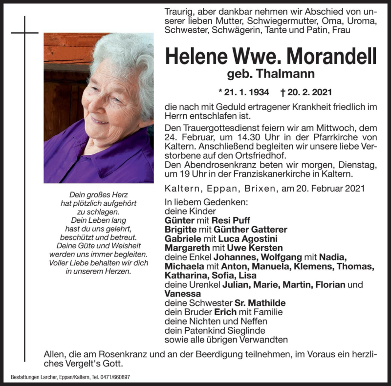  Traueranzeige für Helene Morandell vom 22.02.2021 aus Dolomiten