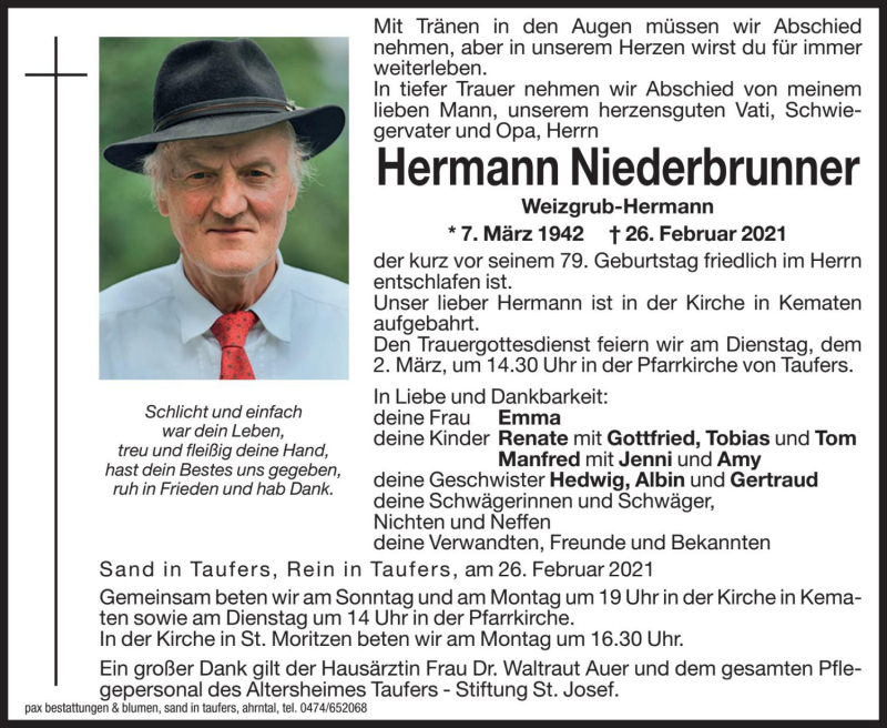  Traueranzeige für Hermann Niederbrunner vom 27.02.2021 aus Dolomiten