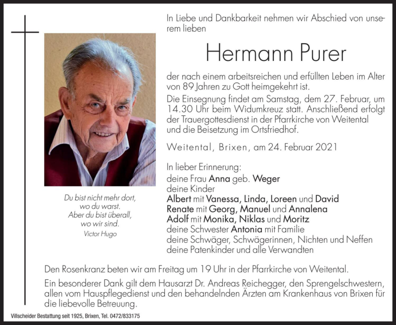  Traueranzeige für Hermann Purer vom 26.02.2021 aus Dolomiten