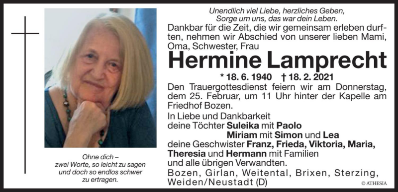  Traueranzeige für Hermine Lamprecht vom 23.02.2021 aus Dolomiten