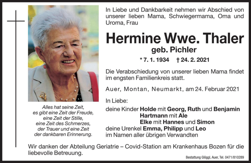  Traueranzeige für Hermine Thaler vom 25.02.2021 aus Dolomiten