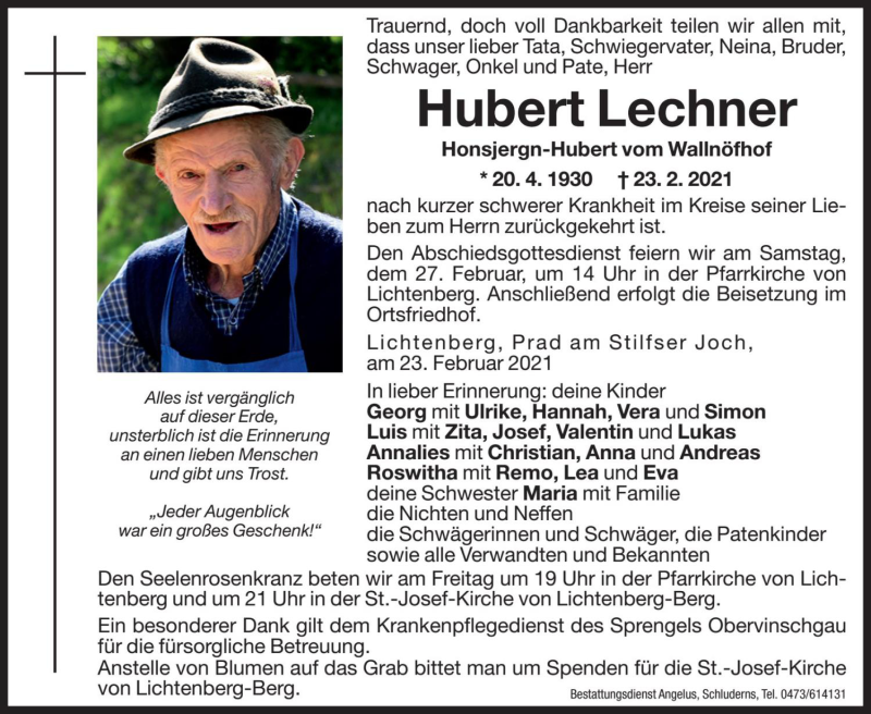  Traueranzeige für Hubert Lechner vom 26.02.2021 aus Dolomiten