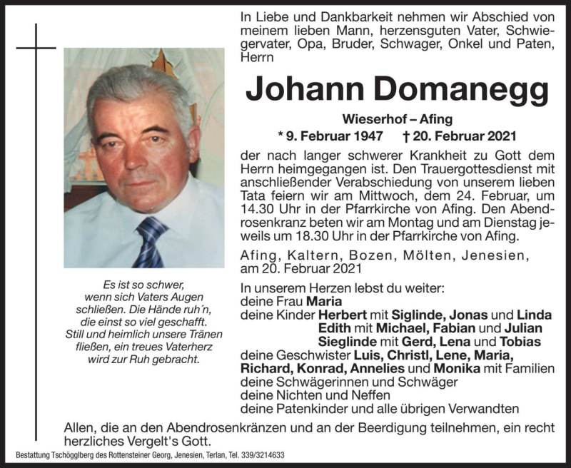  Traueranzeige für Johann Domanegg vom 22.02.2021 aus Dolomiten