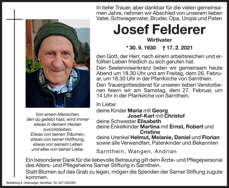 Traueranzeige für Josef Felderer vom 25.02.2021 aus Dolomiten