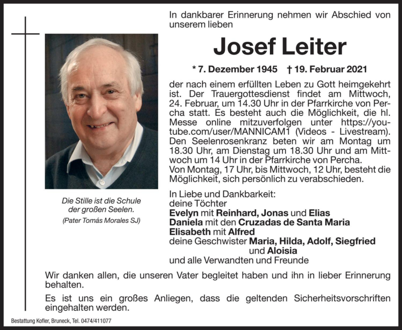  Traueranzeige für Josef Leiter vom 22.02.2021 aus Dolomiten