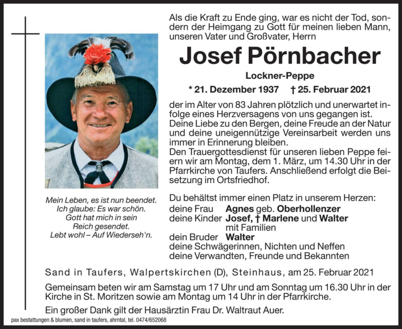  Traueranzeige für Josef Pörnbacher vom 27.02.2021 aus Dolomiten