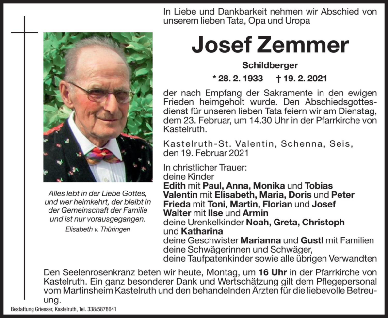  Traueranzeige für Josef Zemmer vom 22.02.2021 aus Dolomiten