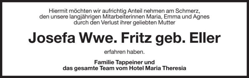  Traueranzeige für Josefa Fritz vom 23.02.2021 aus Dolomiten