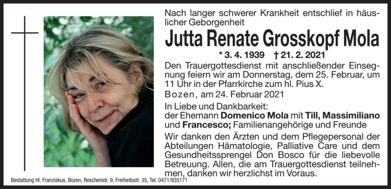  Traueranzeige für Jutta Renate Grosskopf Mola vom 24.02.2021 aus Dolomiten