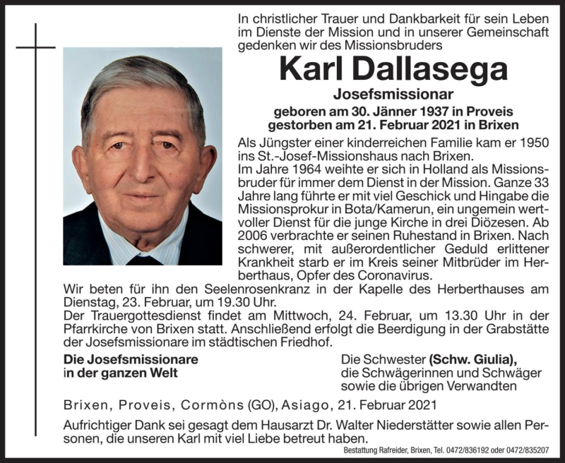  Traueranzeige für Karl Dallasega vom 23.02.2021 aus Dolomiten