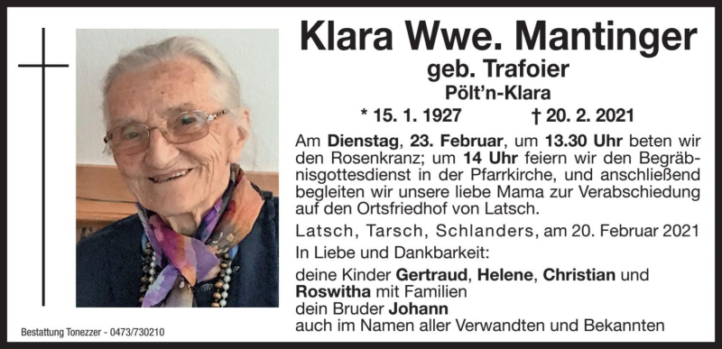  Traueranzeige für Klara Mantinger vom 22.02.2021 aus Dolomiten