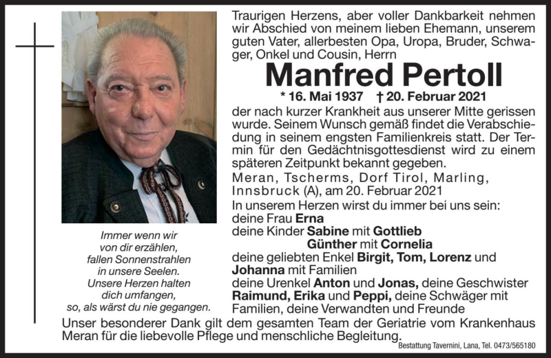  Traueranzeige für Manfred Pertoll vom 23.02.2021 aus Dolomiten