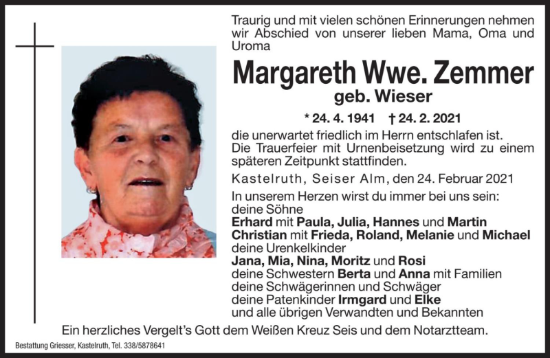  Traueranzeige für Margareth Zemmer vom 26.02.2021 aus Dolomiten