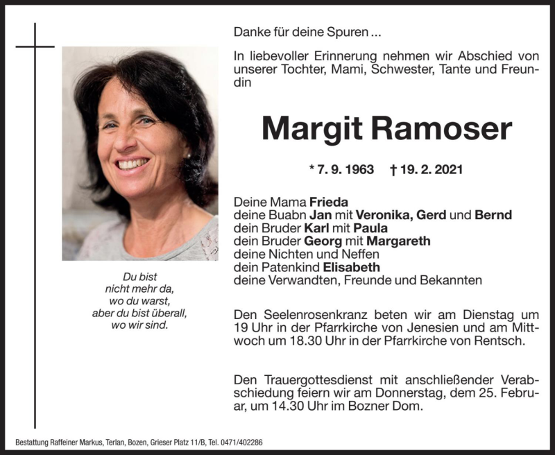  Traueranzeige für Margit Ramoser vom 22.02.2021 aus Dolomiten