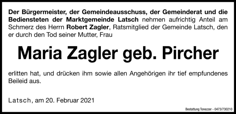  Traueranzeige für Maria Zagler vom 20.02.2021 aus Dolomiten