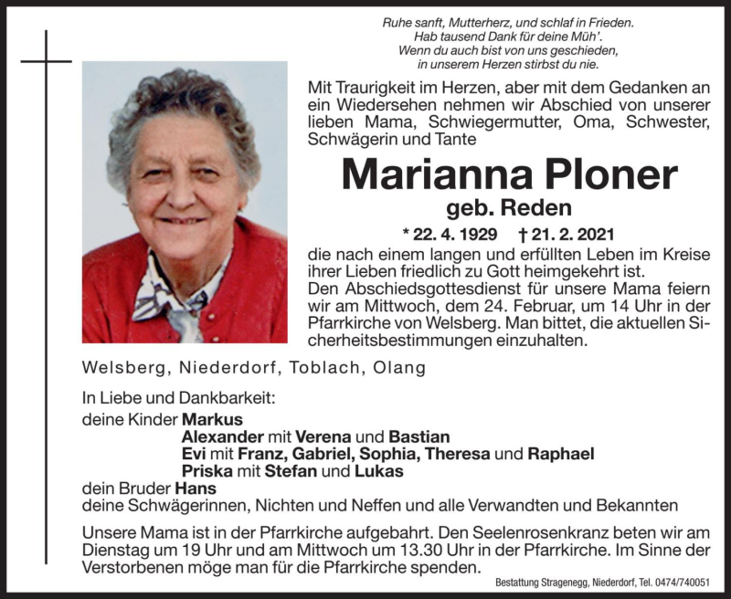  Traueranzeige für Marianna Ploner vom 23.02.2021 aus Dolomiten