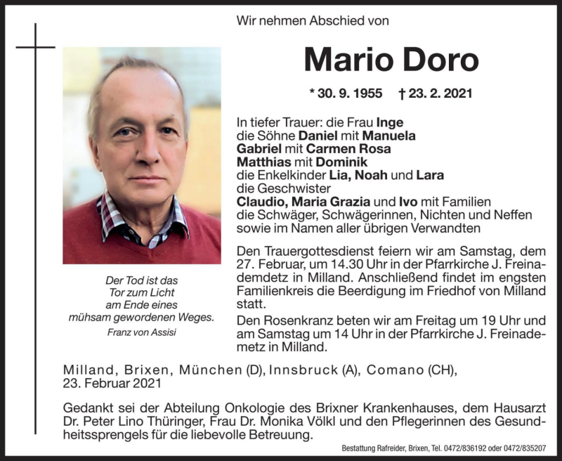  Traueranzeige für Mario Doro vom 26.02.2021 aus Dolomiten