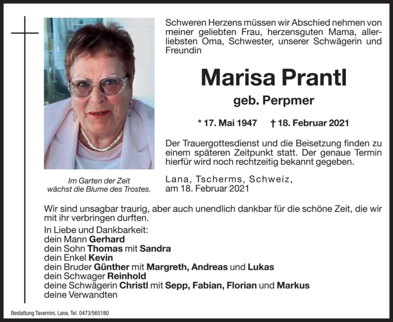  Traueranzeige für Marisa Prantl vom 22.02.2021 aus Dolomiten