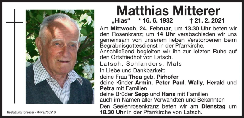  Traueranzeige für Matthias Mitterer vom 22.02.2021 aus Dolomiten
