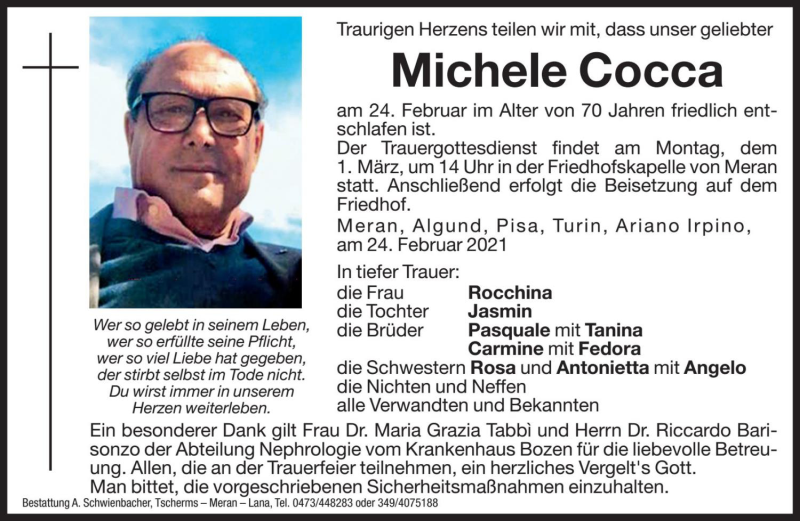  Traueranzeige für Michele Cocca vom 26.02.2021 aus Dolomiten