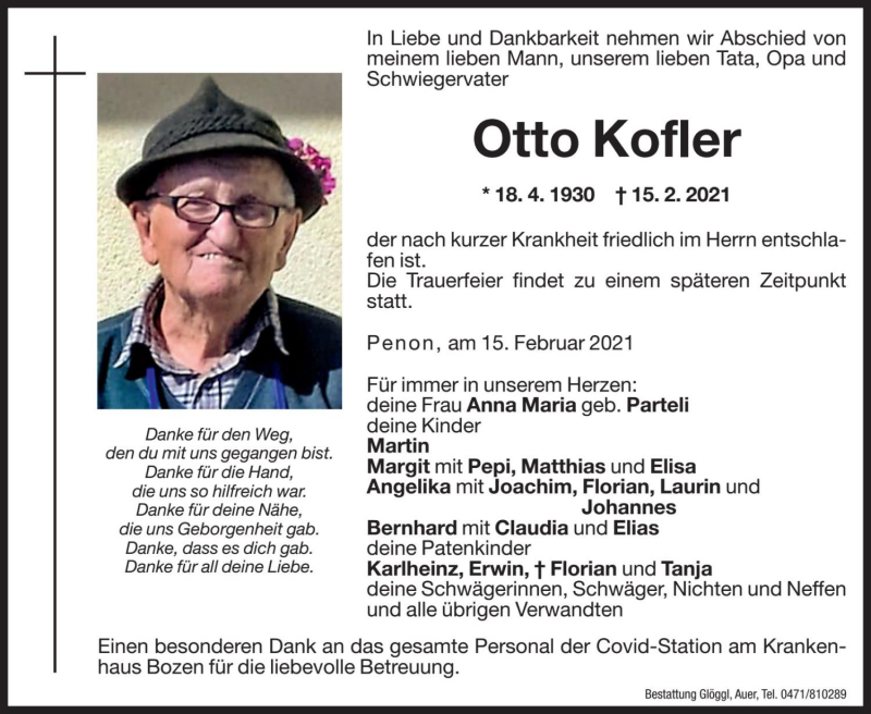  Traueranzeige für Otto Kofler vom 17.02.2021 aus Dolomiten
