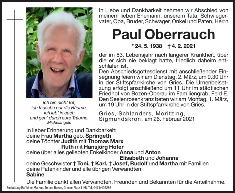  Traueranzeige für Paul Oberrauch vom 26.02.2021 aus Dolomiten