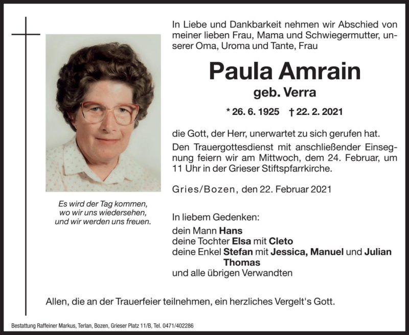  Traueranzeige für Paula Amrain vom 23.02.2021 aus Dolomiten