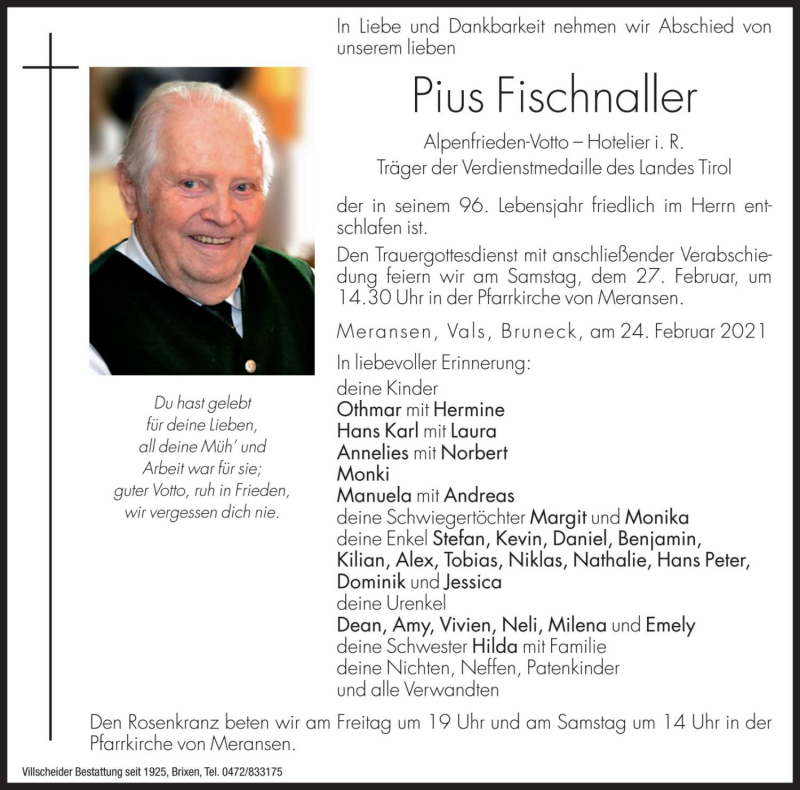  Traueranzeige für Pius Fischnaller vom 26.02.2021 aus Dolomiten