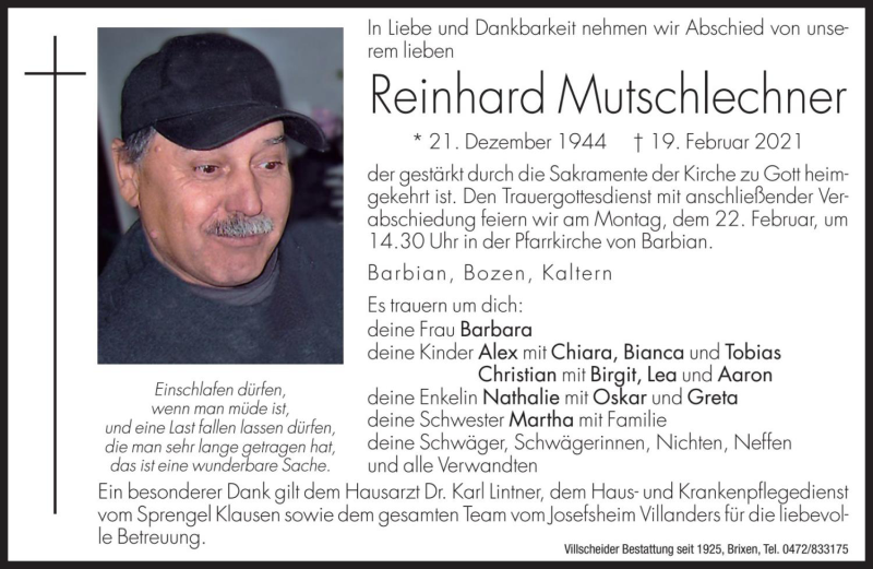 Traueranzeige für Reinhard Mutschlechner vom 22.02.2021 aus Dolomiten