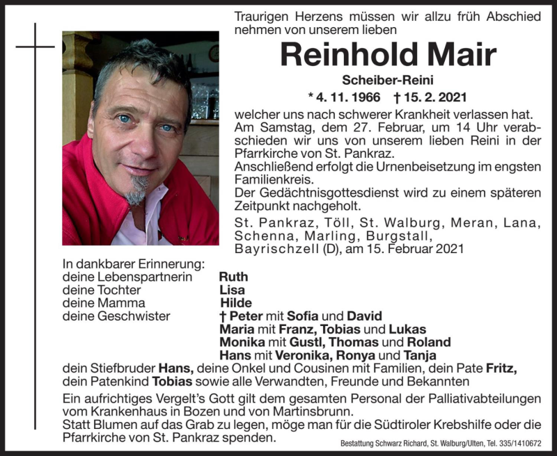 Traueranzeige für Reinhold Mair vom 26.02.2021 aus Dolomiten