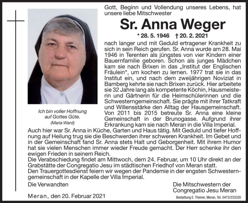  Traueranzeige für Sr. Anna Weger vom 22.02.2021 aus Dolomiten