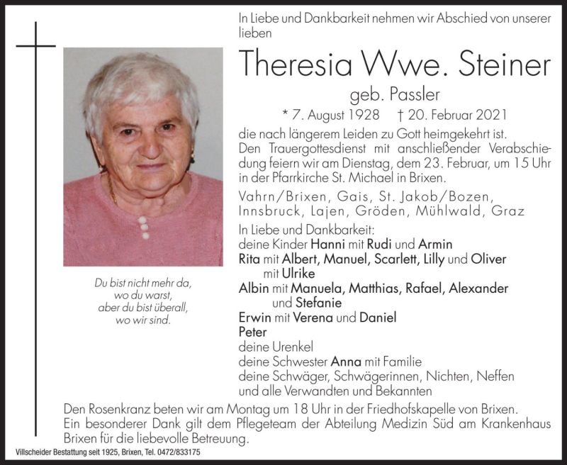  Traueranzeige für Theresia Steiner vom 22.02.2021 aus Dolomiten