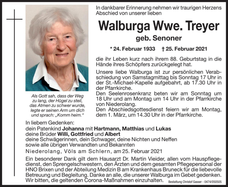  Traueranzeige für Walburga Treyer vom 27.02.2021 aus Dolomiten