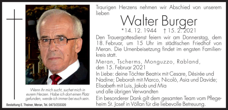  Traueranzeige für Walter Burger vom 16.02.2021 aus Dolomiten