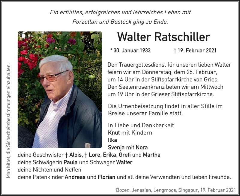  Traueranzeige für Walter Ratschiller vom 23.02.2021 aus Dolomiten