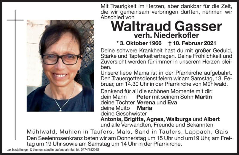  Traueranzeige für Waltraud Niederkofler vom 11.02.2021 aus Dolomiten