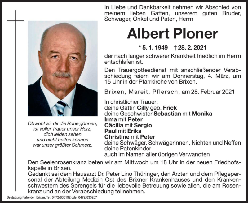  Traueranzeige für Albert Ploner vom 02.03.2021 aus Dolomiten