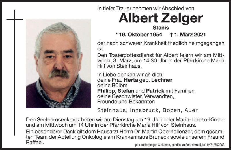  Traueranzeige für Albert Zelger vom 02.03.2021 aus Dolomiten