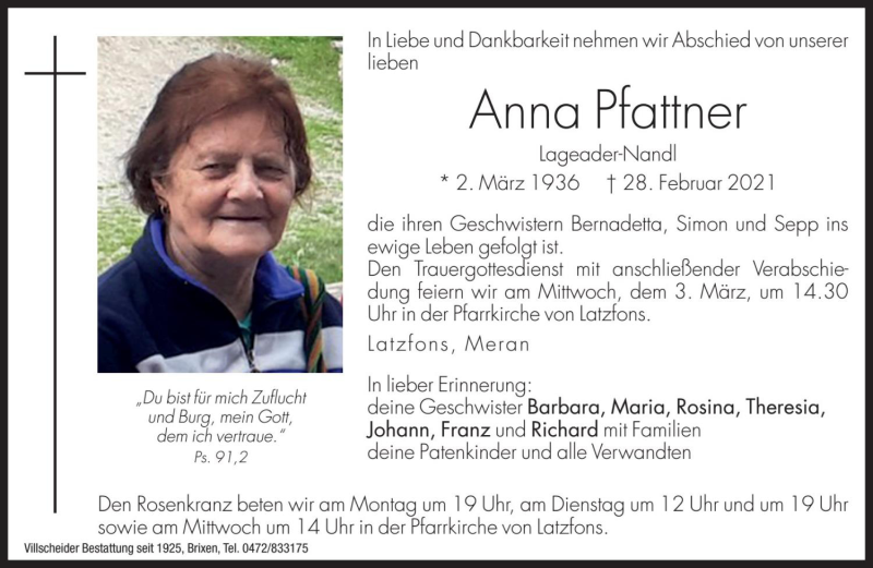  Traueranzeige für Anna Pfattner vom 01.03.2021 aus Dolomiten